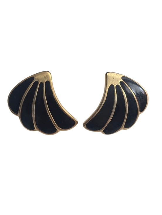 Napier Jewelry - Vintage Napier Gold Tone Black Enamel Fan Shell Earrings